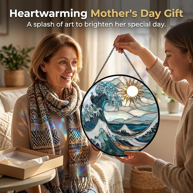 Birthday Gifts for Women - Blue Giant Waves Faux Stained Glass Window Hanging Sun Catcher for Door Garden Acrylic Home Sea Decor Mother's Day for Mom Nana Friend Grandma Wife 7.8"