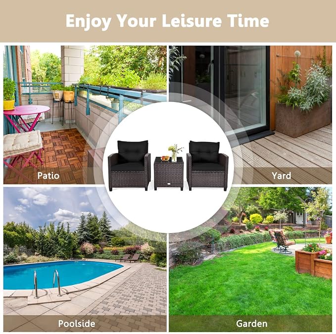 KOTEK 3 Piece Patio Furniture Set, Outdoor Conversation Set with Washable Cushions & Tempered Glass Tabletop, PE Rattan Wicker Bistro Set for Porch, Garden, Balcony (Black)