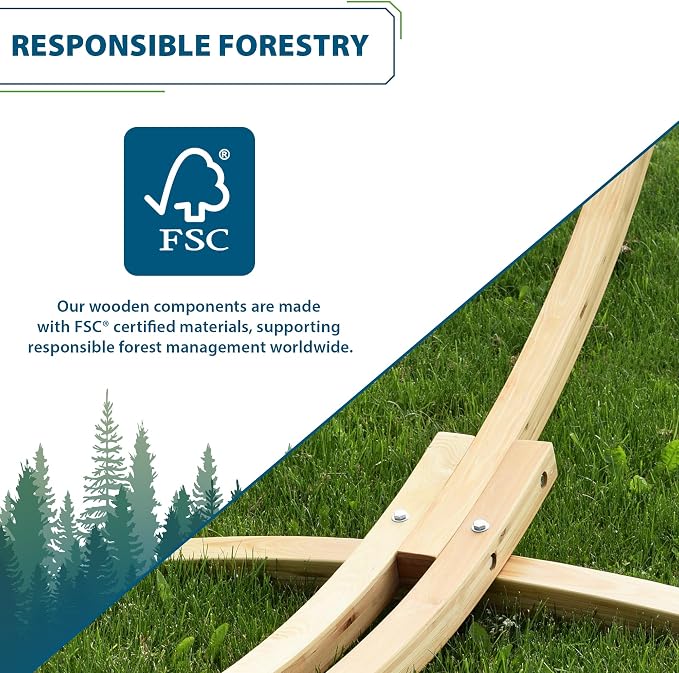Vivere Double Sunbrella Hammock with Solid Pine Arc Stand - 450 lb Capacity, Durable FSC Wood Frame, Includes Hardware & User Guide - 450 lb Weight Capacity (Token Surfside)