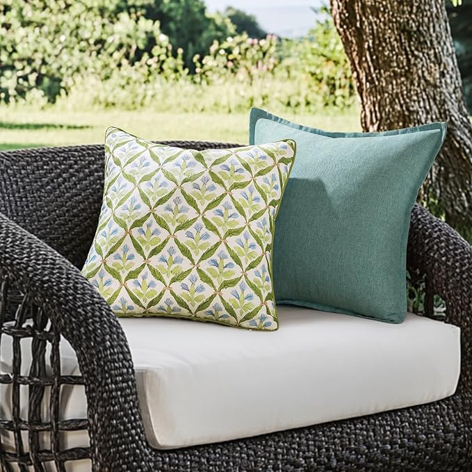 MIULEE Outdoor Floral Pillow Covers Waterproof 20x20 Green | Decorative Block Print,Boho Farmhouse, Set of 2 Coastal Summer Cushion Covers with Piping,Garden Patio Furniture Porch Couch