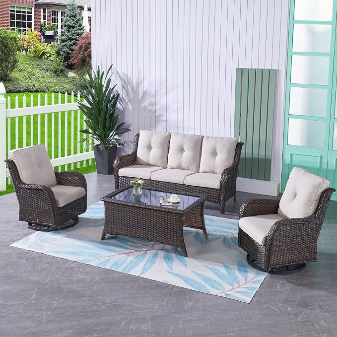 HUMMUH 4 Pieces Outdoor Furniture Patio Furniture Set Wicker Outdoor Sectional Sofa with Swivel Rocking Chairs,Outdoor Coffee Table