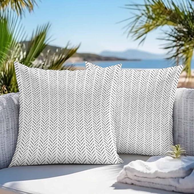 Vandarllin Outdoor Throw Pillows Covers 16x16 inch Set of 2 Waterproof Black Stripes Decorative Zippered Cushion Covers for Patio Furniture, Modern Art Lines Lumbar Pillowcases