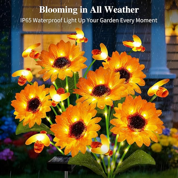 Kohlrabi Solar Garden Lights-6 Pack Solar Sunflowers with Swaying Bees, Gifts for Mom Women Mothers Day Birthday, Waterproof Sunflower Light for Outdoor Patio Yard Decor