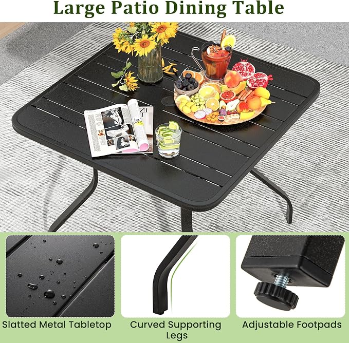 Tangkula 5 Pieces Metal Patio Dining Set, 37 Inches Square Dining Table with 4 Stackable Chairs, Slatted Table with Umbrella Hole, Outdoor Dining Furniture Set for Poolside, Deck, Backyard