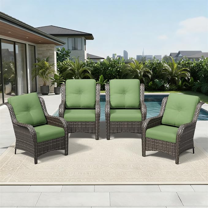 Joyside 4 Piece Wicker Patio Furniture Set, Rattan Patio Chairs with High Back, Deep Seating, Wide Armrest, Thickened Cushions, Outdoor Furniture for Deck, Porch Use
