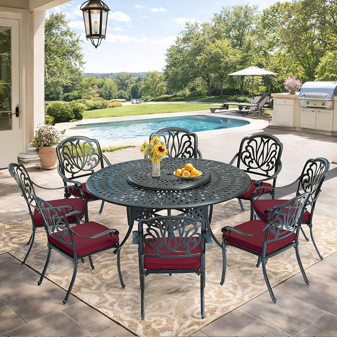 VIVIJASON 9-Piece Patio Furniture Dining Set, Rust-Free Cast Aluminum Outdoor Conversation Set, Include 8 Cushioned Chairs & 61" Round Dining Table with 31" Lazy Susan, Umbrella Hole, Red