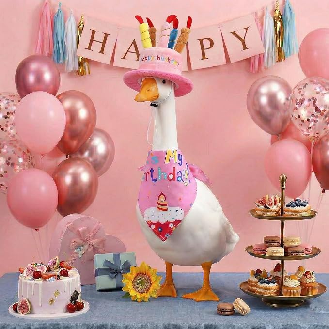 Happy Birthday Goose Outfit Porch Goose Outfits with Happy Birthday Cake Hat and Bandana Yard Geese Outfits for 23" 17" Cement/Plastic Porch Goose Outdoor Statue Patio Yard Lawn Art (Pink)