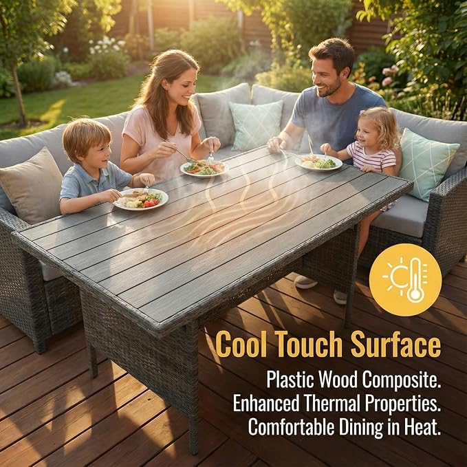 Wisteria Lane 7 Piece Patio Furniture Set, High Curved Back Wicker Outdoor Dining Set, All Weather Patio Sectional, Outdoor Furniture Patio Conversation Set with Ottoman, Ash Gray