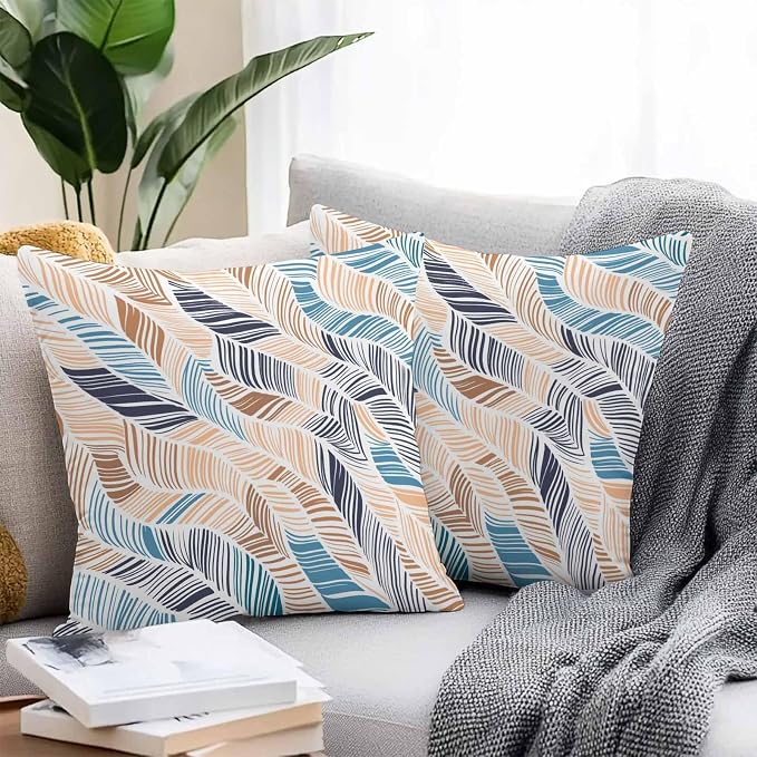 Vandarllin Outdoor Throw Pillows Covers 20x20 inch Set of 2 Waterproof Summer Beach Decorative Zippered Cushion Covers for Patio Furniture, Yellow Blue Ombre Abstract Leaf Lines Lumbar Pillowcases