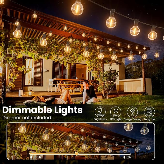 RTTY 25 FT Outdoor String Lights, Waterproof Patio Light 13 LED Bulbs | Dimmable Connectable Shatterproof G40 Outside Hanging Lighting for Balcony, Cafe, Deck, Bistro, Market, Warm White, 2700K