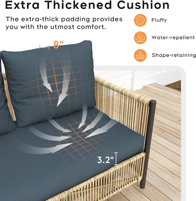 Aluminum Outdoor Patio Furniture Set - 2 Pcs Armchair, Loveseat & Dual-Layer Coffee Table - Rope Sectional Conversation Sofa Sets with Washable Thick Cushion for Garden/Backyard/Porch