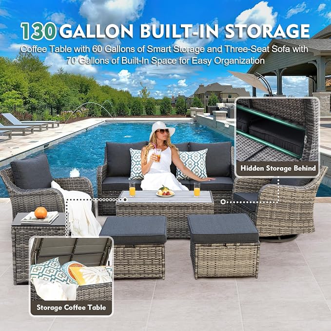 MEISSALIVVE Outdoor Patio Furniture Set with Swivel Chair, 7 Pieces Patio Conversation Set, Patio Sectional Furniture Set with 2 Swivel Rocker Chair & Sofa, 2 Ottomans and Coffee Table (Grey)