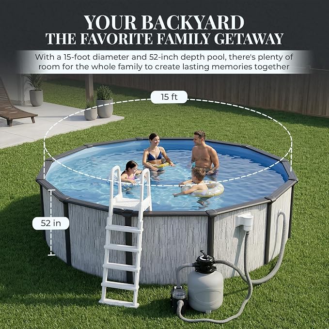 Blue Wave Sevilla 15-ft Round 52-in Deep Hard Sided Steel Frame Above Ground Pool with 6-in Steel Top Seats, 0.5 HP Sand Filter System, Ladder, Skimmer & Liner – 5,130-Gallon Capacity for Family Use