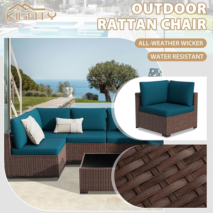 KIGOTY Patio Furniture Set,7 Pieces Modular Outdoor Sectional Sofa, PE Rattan Patio Conversation Set, All Weather Wicker Patio Furniture with Cushions and Coffee Table（Brown/Peacock Blue）