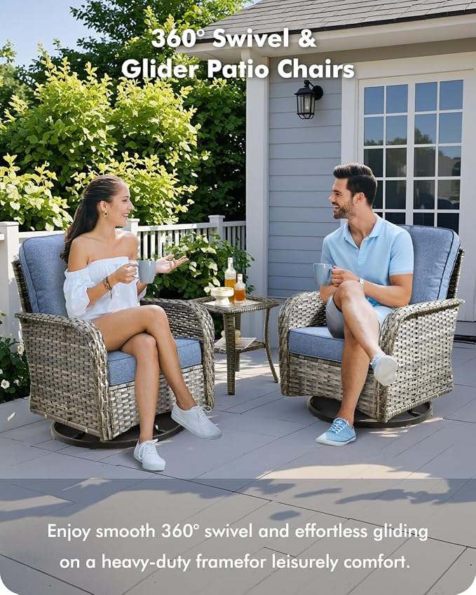 CAODOC 8-Piece Wicker Patio Furniture Set, All-Weather Rattan Conversation Bistro Loveseat Chair and Patio Rockers Set for Backyard, Balcony and Deck with Soft Cushions and Metal Table(Blue)