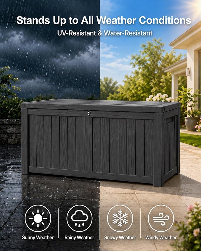 155 Gallon Waterproof Outdoor Storage Box, Large Lockable Deck Box, Indoor Outdoor Resin Storage Bench with Hydraulic Rod for Patio Furniture/Cushions/Garden Tools/Backyard/Pool Accessories, Black