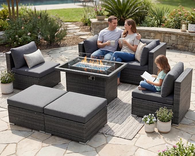 BULEXYARD 7 Piece High Back Outdoor Sectional Set with Fire Pit Table, Modern Wicker Patio Furniture Set Weather-Resistant, Modular 6-Person Couch Sofa Comfortable Wide Deep Seats for Backyard, Grey