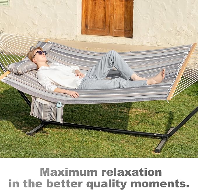 GAFETE 2 Person Hammock with Stand for Outside, Heavy Duty Steel Stand, 55inch Double Hammocks, Large Removable Pillow, Storage Bags, Max 475 lbs Capacity (Peace Dove)