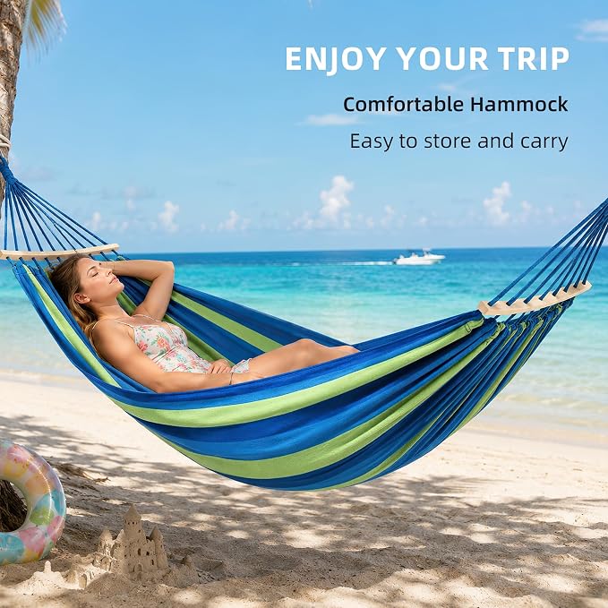 2 Person Outdoor Double Hammock,Heavy Duty Fabric Canvas Hammock with Carry Bag & Removable Spreader Bar, Portable Tree Hammock 550lbs Capacity for Porch Garden Patio Backyard Indoor Outdoor Blue
