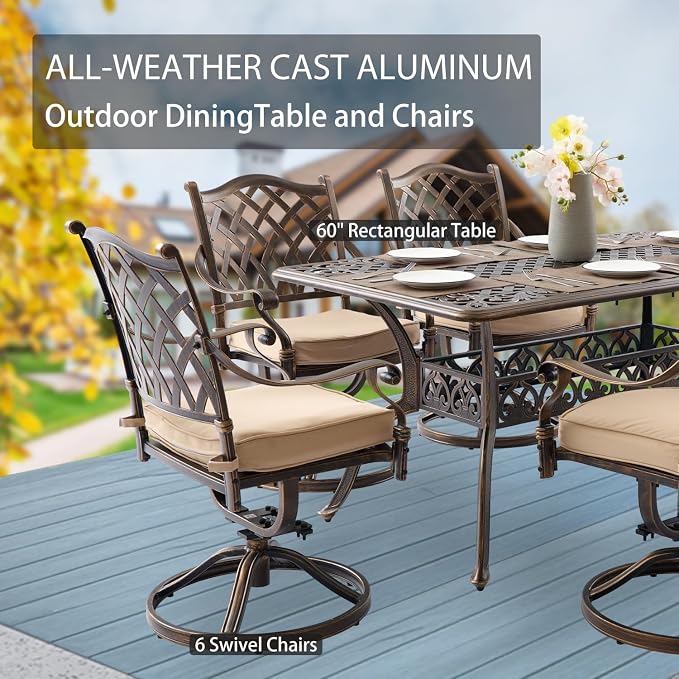 7-Pcs Cast Aluminum Patio Dining Set with 6 Swivel Chairs,Bronze | Outdoor Furniture Set Include 59" Rectangular Dining Table and 6 Swivel Chairs with Cushions & Umbrella Hole