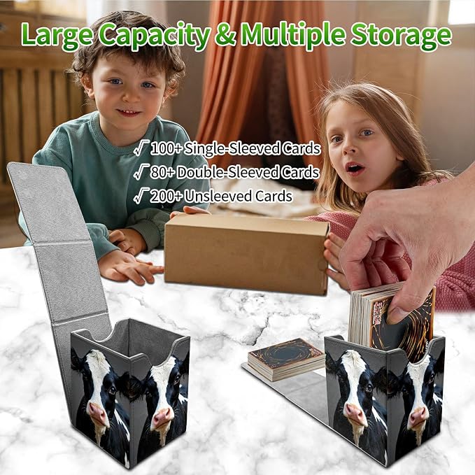 Black White Cow Card Deck Box for MTG, Personalized Card Storage Case Fits 120+ Sleeved Cards, Premium Leather TCG Box with Strong Magnetic Closure for Magic, CCG, PTCG, Baseball Cards