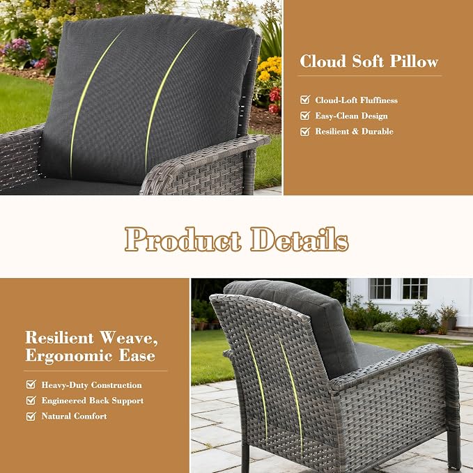 4 Pieces Patio Furniture Set, Small Outdoor Patio Set with Coffee Table, All-Weather Rattan Wicker High Back Conversation Set Loveseat with Chairs for Porch, Backyard, Balcony, Black