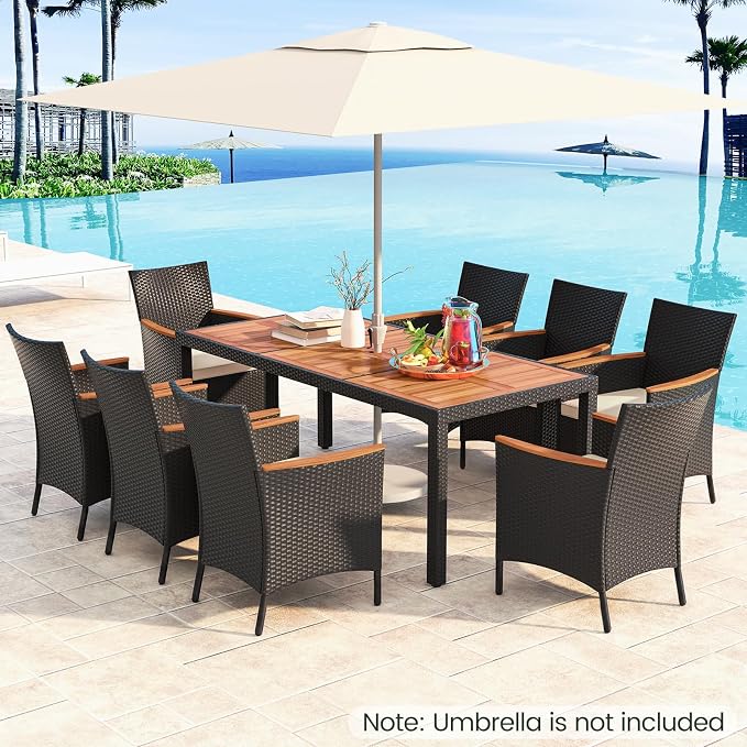 KOTEK 9 Piece Outdoor Dining Set, Rattan Patio Dining Table and Chairs Set for 8 with 1.96'' Umbrella Hole and Seat Cushions, Wicker Patio Dining Set for Deck, Backyard