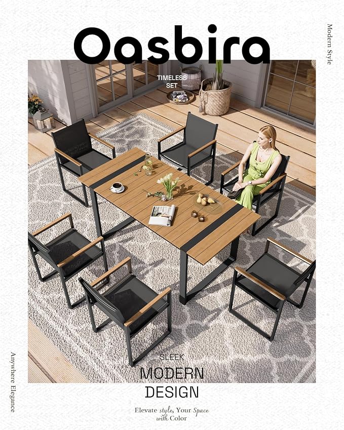 Outdoor Table and Chairs of 4, Patio Dining Sets, HDPS + Aluminum Outdoor Furniture Set with Umbrella Hole, Patio Dining Table Set (Gray-Teak)