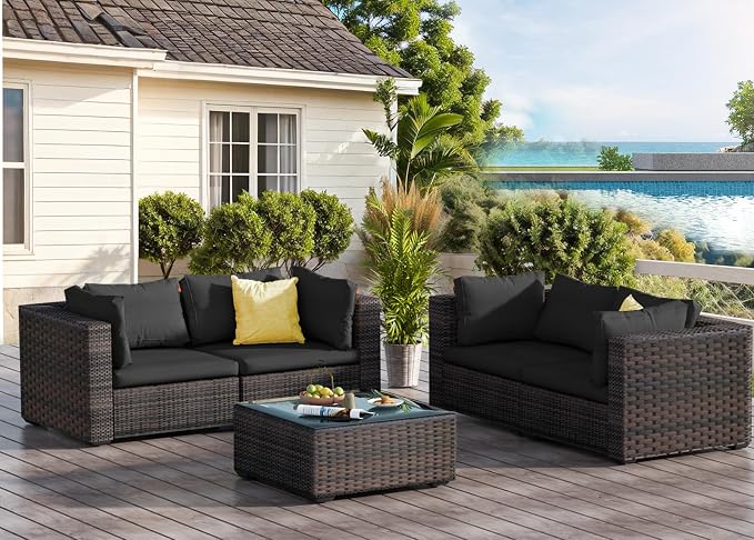 Patio Furniture Set 5 Piece All Weather PE Rattan Outdoor Sectional Sofa Couch with 4 x arm Sofa, No-Slip Cushions and Glass Top Table for Garden, Poolside, Backyard (Black)