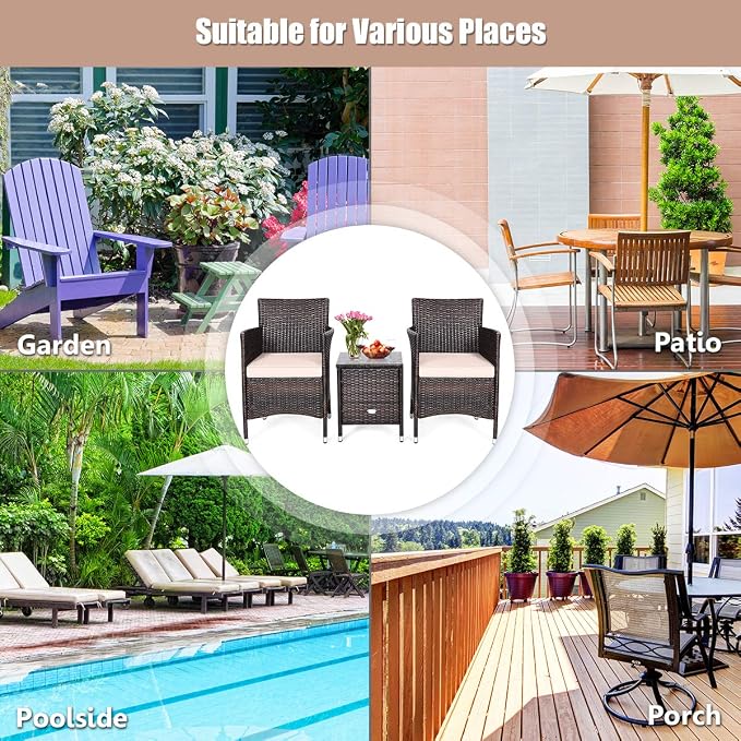 DORTALA Wicker Patio Furniture Set 3 Piece, Small Outdoor Table & Chairs Set with Cushions, All-Weather Rattan Conversation Bistro Set for Balcony, Porch, Backyard, Deck, Beige