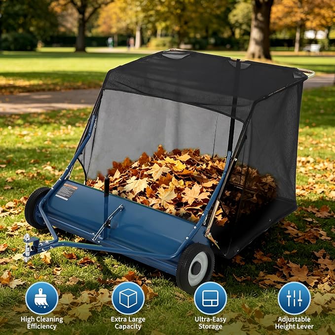50" Tow Behind Lawn Sweeper, 33 cu. ft Extra-Large Capacity Leaf & Grass Collector-Adjustable Sweeping Height, Dumping Rope Design for Efficient Debris & Grass Cleanup on Yards, Driveways & Sidewalks