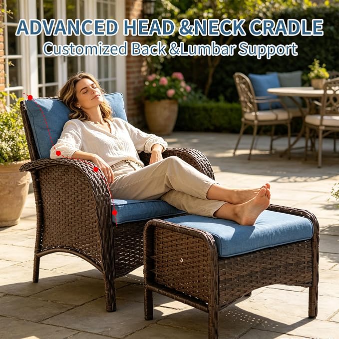 SHGJ&SOFT All Weather Patio Furniture Set, High Back Swivel Rocker Glider Chairs，Ottomans & Glass Tables, Outdoor Conversation Set for Deck Porch Yard Poolside (Blue, 2PCS-Sofa&Table)