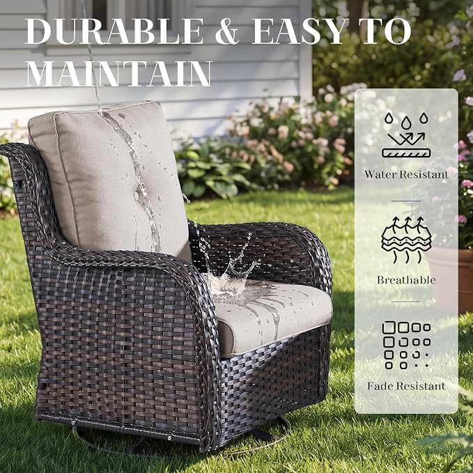 Rilyson Wicker Rocking Chair Swivel Chairs – 6 Piece Rocker Patio Furniture Set Rattan Rocking Bistro Sets with Glass Top Side Table for Outdoor Porch Deck Garden Backyard(Brown/Beige)