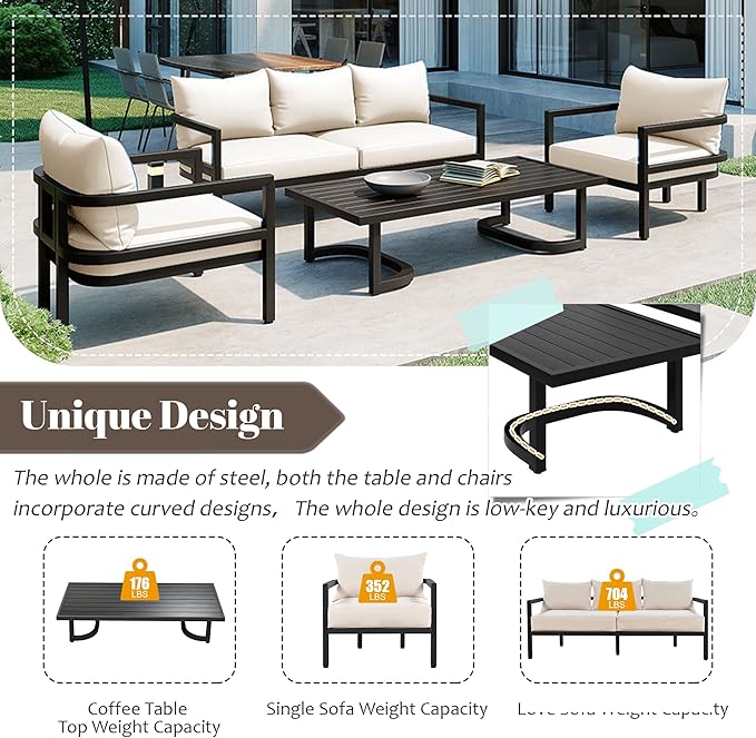 VilroCaz 4-Piece Outdoor Steel Sofa Set, All Weather Patio Conversation Set with 1 Love Sofa, 2 Single Sofas, Coffee Table, Waterproof Cushions, Suitable for Backyard, Poolside Gardens (Beige-Z)