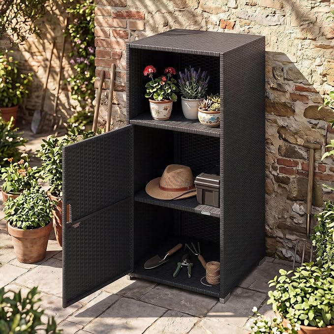 Tangkula Rattan Outdoor Storage Cabinet, Patiojoy PE Wicker Outdoor Cabinet with 3 Storage Shelves, Open Compartment and Door, Patio Storage Deck Box for Porch, Poolside, Backyard