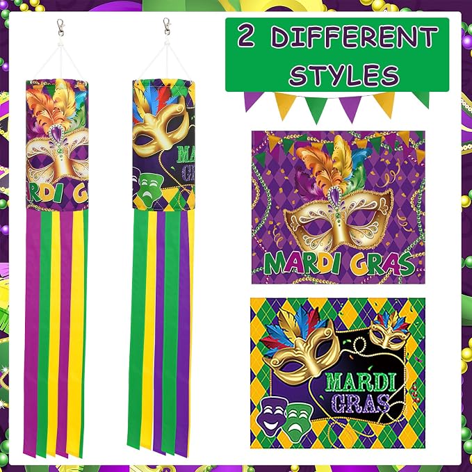 NOVWANG 2 Pieces Mardi Gras Wind Sock, 40 Inch Wind Socks Mardi Gras Outdoor Decorations Purple Green Yellow Holiday Windsock Flags for Yard Garden Home Party Hanging Decor
