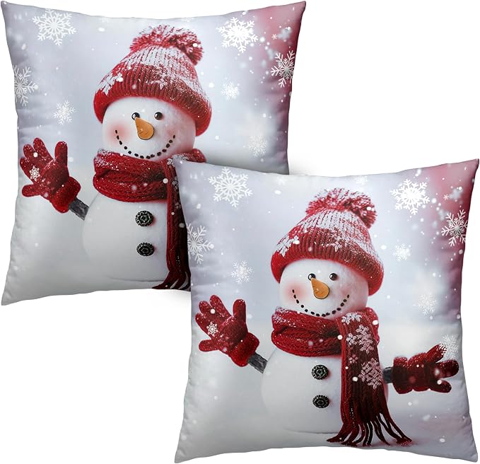 Christmas Snowman Throw Pillow Covers Winter Holiday Pillow Covers 20x20 Set of 2 Red Snowman with Snowflake Cushion Case for Couch Living Room Bedroom Sofa