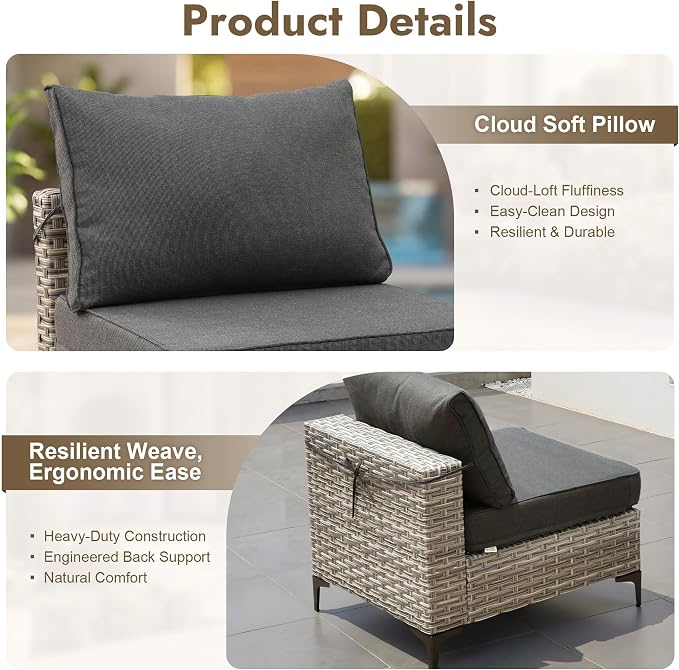 5 Pieces Patio Furniture Set with Solar Light Coffee Table, All-Weather Wicker Outdoor Sectional Conversation Sets L Shaped Sofas for Outside Porch Balcony Backyard Black