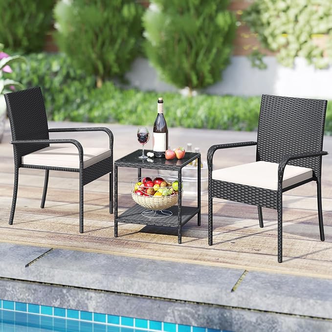 Tangkula 3 Pieces Patio Furniture Set, PE Rattan Outdoor Cushioned Conversation Chairs with 2-Tier Tempered Glass Tabletop Table, for Balcony, Garden and Poolside (Off White)
