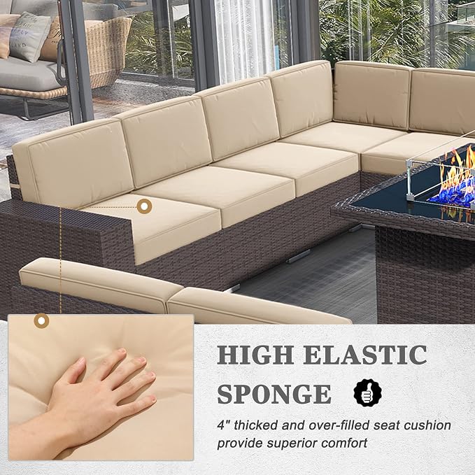 13 Pieces Patio Furniture Set with 44" Propane Gas Fire Pit Table, Outdoor Sectional Brown Rattan Wicker Conversation Sofa Sets with Coffee Table