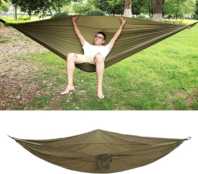 Double Hammock 210T Nylon Camping Swing, Outdoor Indoor Hanging Bed for 2 Person, Lightweight Portable Hammock with Carabiner Steel Buckle for Camping Hiking Backyard (Olive Drab)