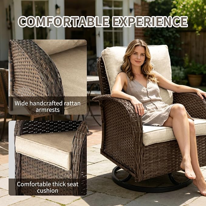 Outdoor Swivel Rocker Patio Chairs (Brown Wicker/Khaki Cushion, 5PC/Swivel & Side Table & Ottomans)