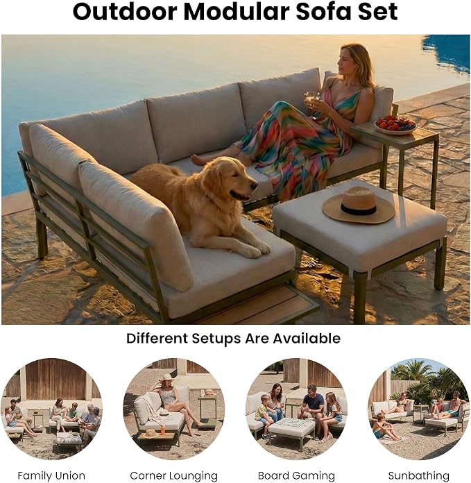 4 Piece Patio Sectional Sofa Set, Patio Furniture Set with Cushions, Outdoor Furniture Conversation Set for 5, Modern Modular Patio Couch with Side Table/Pullout Tray for Deck/Pool, Beige