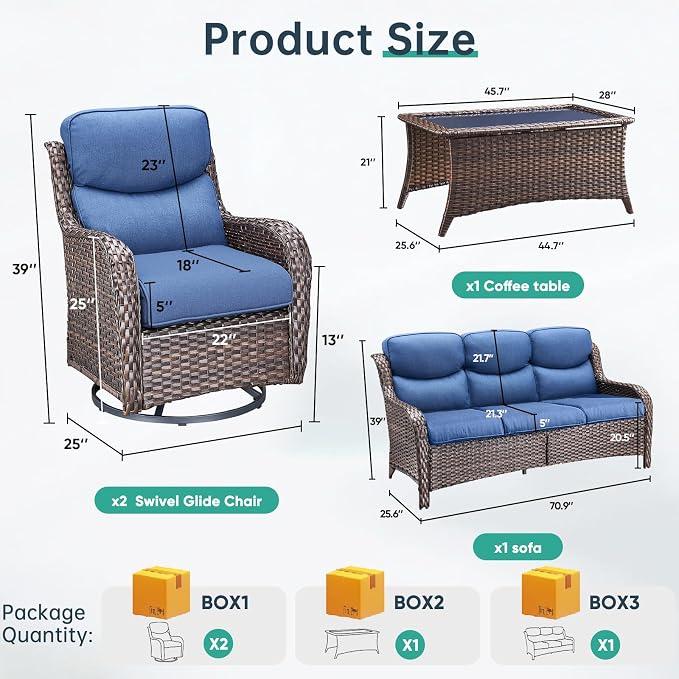 Outdoor Swivel Rocker Patio Chairs Set of 4 with Sofa - 5" Thick Cushion 4 Piece Furniture Set with Sofa All Weather Wicker Conversation Set for Porch Deck - Brown Wicker | Blue Cushions