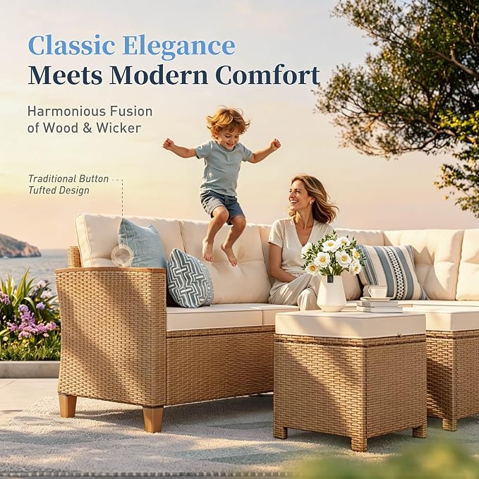 SUNSHINE VALLEY Patio Furniture Set, 6 Piece Wicker Outdoor Patio Conversation Set, Outside L-Shaped Sectional Sofa Couch with Chaise Lounge and 2 Ottomans, 1 Height Adjustable Table for Lawn