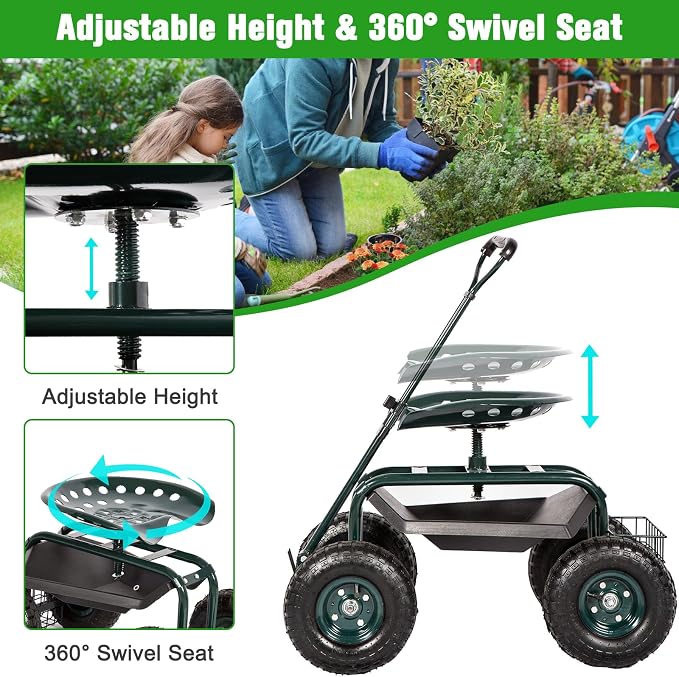 kinbor Rolling Garden Scooter Garden Cart with Tray, 360 Swivel Seat, Green