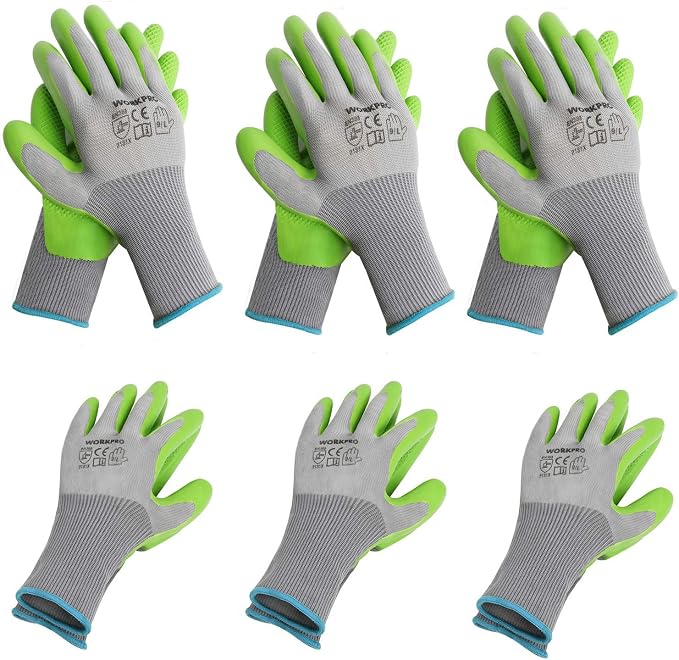 6 Pairs Eco Latex Palm Coated Garden Work Gloves by WORKPRO | Abrasion Resistance, Flexibility, Lightweight and Comfortable, Gardening Gloves for Weeding, Raking, Planting and Pruning