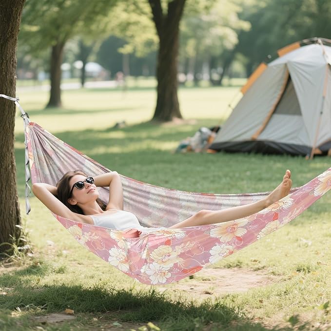 Camping Hammock Outdoor Hammocks for Outside Peony Flower Salmon Beach Trees Portable Lightweight with Pockets Tree Straps Indoor