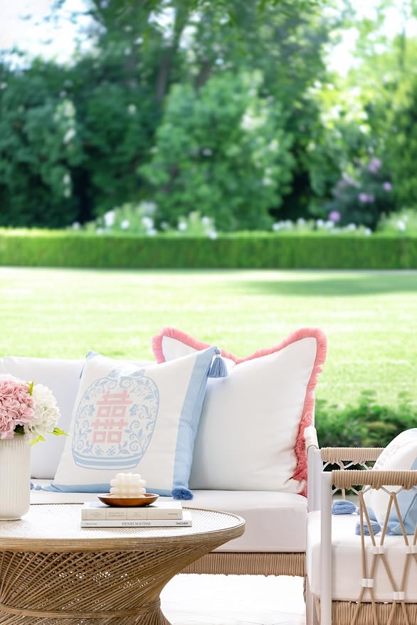 Hofdeco Premium Coastal Grandmillennial Patio Indoor Outdoor Throw Pillow Cover Only, 20"x20" Water Repellent for Backyard, Couch, Poolside, Baby Blue Pink Embroidered Happiness Chinoiserie Vase