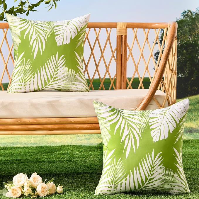 Allorry Outdoor Pillow Covers 18x18 Set of 2 Tropics Palm Leaves Green Floral Pattern Decoration Throw Pillow Covers for Outdoor Waterproof Furniture Garden Patio Sofa Bedroom Home Decor JB008-B18